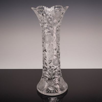 Large Cut Crystal Trumpet Vase with Frosted Floral and Etched Leaf Motifs in the American Brilliant