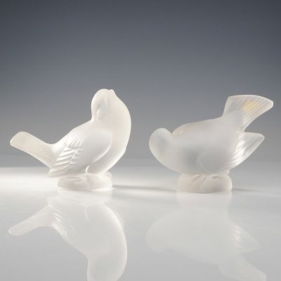 Lalique Frosted Crystal Sparrow Figurines. A pair of frosted lead crystal figurines by Lalique 