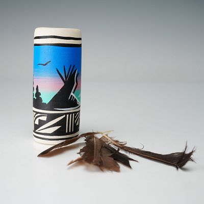 Native American Hand-Painted Feathered Pottery Vase. Hand-painted cylindrical pottery vase 