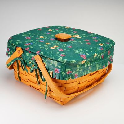 Longaberger Hand Woven Basket with Lid, Green Floral Liner and Protector, 1995. This authentic 