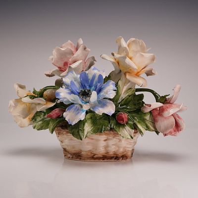Vintage Large Capodimonte Marked Floral Ceramic Flower Basket Centerpiece. This hand-modeled 