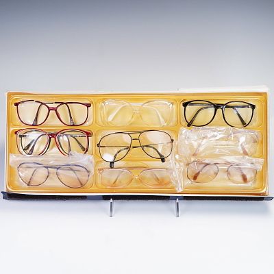 10pc Eyewear Assortment in Display Case. Ten vintage eyeglasses in various frame styles and 