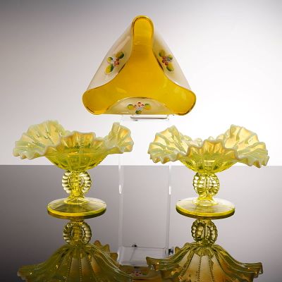 Fenton and Nasco Japan, Enameled and Opalescent Art Glass, Compotes and Bowl. This collection 