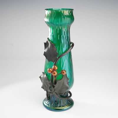 Kralik Art Glass Vase with metal leaves and berries. A Kralik iridescent art glass vase 