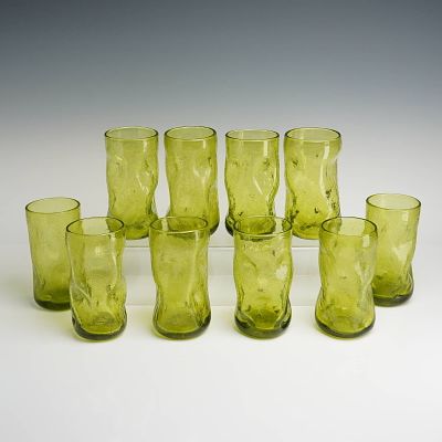 Blenko Dimple Chartreuse Green Tumbler Glasses. A set of ten (10) mid-century modern 10pc Blenko 