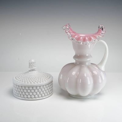 Fenton Silver Crest and Hobnail Pink and White Pitcher and Trinket Box. A pair of vintage Fenton 
