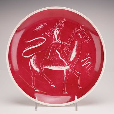 Wedgwood Etruria Glazed Plate with Classical Equestrian Motif. This circular earthenware plate 