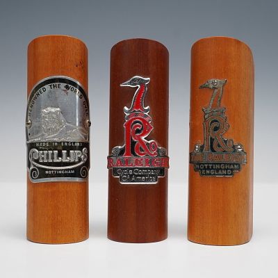 3pc Ralph W. Rogers Vintage Bicycle Head Badges. Collection includes three mounted vintage 