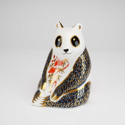 Royal Crown Derby Bone China Imari Paperweight, Panda. The figurine is decorated with an 