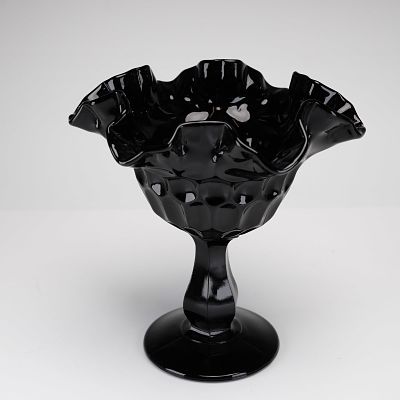 Fenton Thumbprint Pattern Black Glass Candy Dish. This Fenton Art Glass compote dish is crafted 
