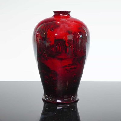Royal Doulton Flambe Baluster Vase. The thick, high-gloss glaze features deep cherry red hues 