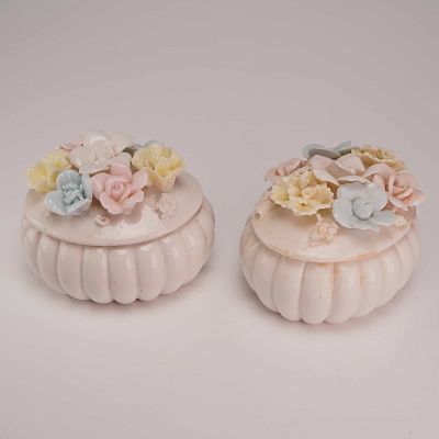 2pc Lenwile Ardalt Verithin Porcelain Floral Trinket Boxes. This pair of porcelain trinket boxes 