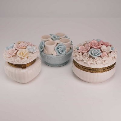 3pc Porcelain Floral Trinket Boxes and Holder. This three-piece collection of decorative 