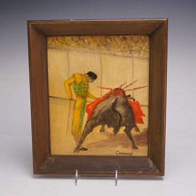 Cavanaugh, Spanish Bullfighting Scene Oil on Canvas. This oil on canvas painting by the artist 