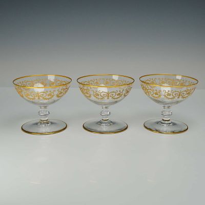 3pc Baccarat Gilded Crystal Dessert Bowls, Flora. This set of three Baccarat crystal dessert 