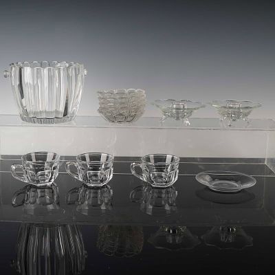 12pc Pressed Glass Assortment, Bowl, Candleholders, Cups, Nut Dishes. A 12-piece grouping of 