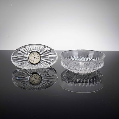 2pc Waterford Crystal Desk Clock and Small Bowl. This lot features two pieces of fine lead 