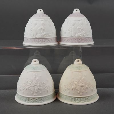 Lladro Annual Christmas Bells. This 4pc Lladro bell grouping consists of two matching pairs of 
