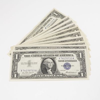 10pc 1957, 1957A U.S. Silver Certificate One Dollar Notes. Group of silver certificates 