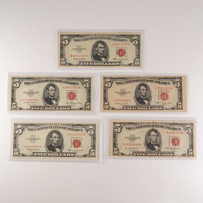 5pc 1953, 1953A, 1953B, and 1963 United States $5 Silver Certificates. A 5-piece group including 