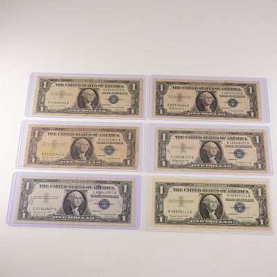 6pc 1957 A,B U.S. Silver Certificate One Dollar Notes. $1 Silver Certificate notes, including 