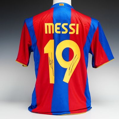 Lionel Messi and Lamine Yamal Dual Signed FC Barcelona 2007-2008 Home Shirt with Icons COA. A 