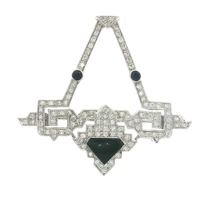 18K White Gold Art Deco Diamond & Onyx Brooch. 18K white gold Art Deco geometric brooch/dress 