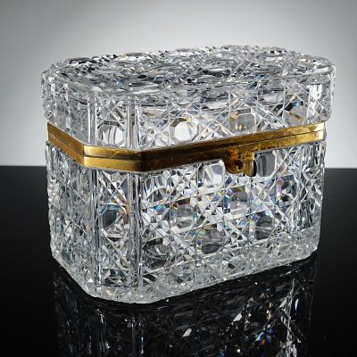 Baccarat Cut Crystal and Gilt-Metal Jewelry Casket with Key. A substantial Baccarat rectangular 