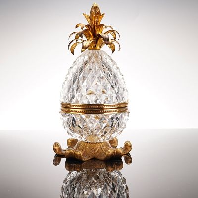 French Gilt Metal and Diamond Cut Crystal Pineapple Shaped Casket. A French decorative crystal 