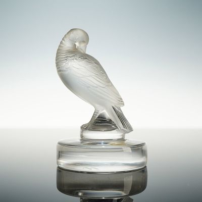 Lalique French Crystal Figurine, Turtle Dove. A small crystal figurine of a preening turtle dove 