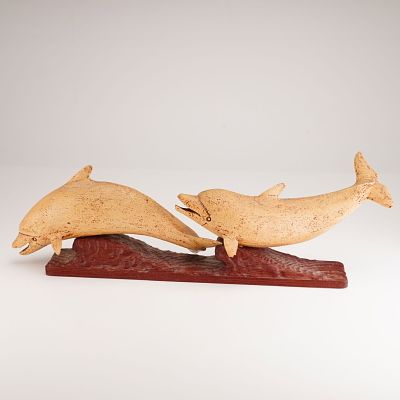 Robert I. Innis (American, 1893-1983) Carved Wood Sculpture, Dolphins, Signed. Features a hand 