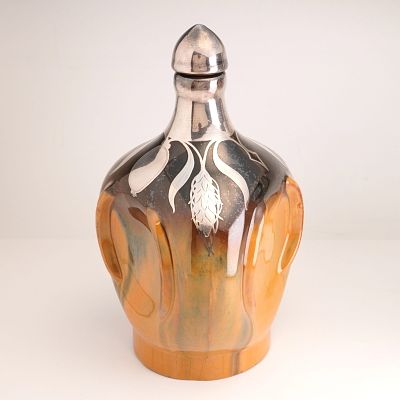 Fulper Pottery Art Nouveau Serling Silver Overlay Amber-Color Musical Jug. Vintage Fulper 