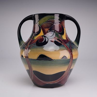 Moorcroft Pottery by Sian Leeper Twin Handled Vase, Western Isles. The glazed earthenware vessel 