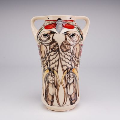 Moorcroft Pottery by Vicky Lovatt Twin Handled Tapered Vase, Bird and Butterfly. The vessel is 