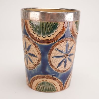 Attributed to Doulton Lambeth Sterling Silver Mounted Stoneware Beaker. This tapering 
