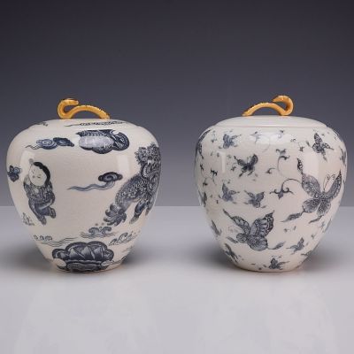 2pc Contemporary Tai-Hwa Pottery Underglaze Blue and White Porcelain Lidded Jars. This group of 
