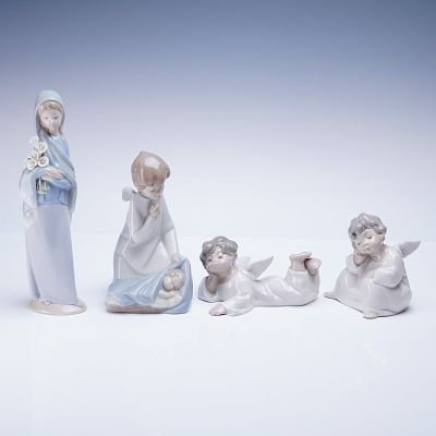Collection of 4 Lladro Figurines Madonna with Angels. A collection of four glazed porcelain 