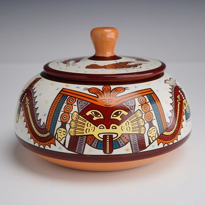 Peruvian Polychrome Hand-Painted Lidded Ceramic Jar by Barazorda. This lidded ceramic jar is a 
