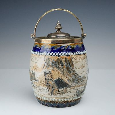 Doulton Lambeth by Hannah Barlow Stoneware Biscuit Barrel, Foxes. The cylindrical body is 