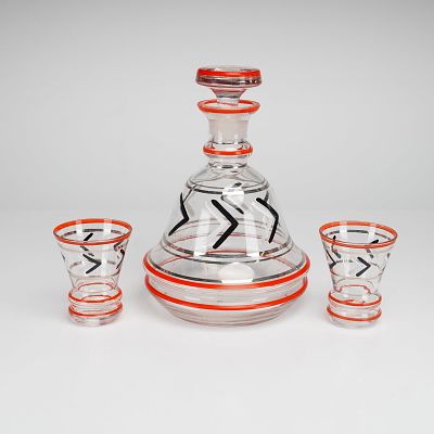 3pc Art Deco Enameled Glass Barware. A clear glass barware set from the Rubin Collection 