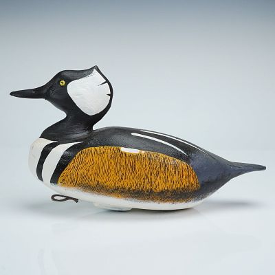 Frank Flicker Hand-Carved Hooded Merganser Drake Decoy. A single, vintage hand-carved and 