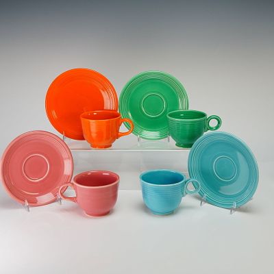 8pc Homer Laughlin Fiesta Ware Set of 4 Cups and Saucers. The group features four distinct glaze 