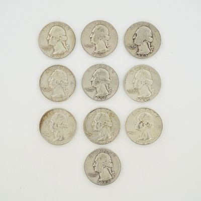 10pc Collection of US Silver Washington Quarters, 1942-1964. This group consists of US 