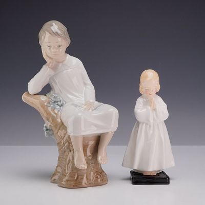 Two Porcelain Figurines Including Lladro Little Boy Thinking and Royal Doulton Bedtime. This lot 