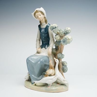 Lladro Glazed Porcelain Figurine Seated Young Woman with Geese. This is a glazed porcelain 