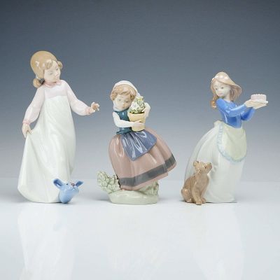 Three Lladro and Nao Glazed Porcelain Figurines, Spring is Here 01005223 & Off to Bed 01006421. T 