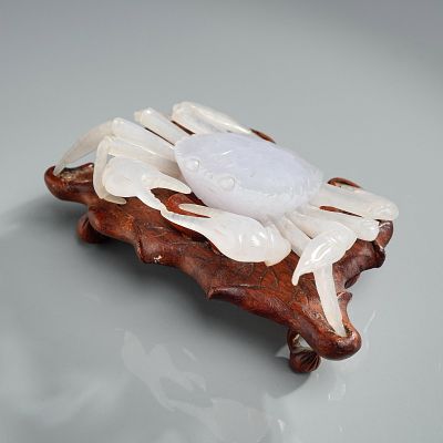 Carved White Stone Crab Figurine with Wooden Stand. This lot features a naturalistically carved 