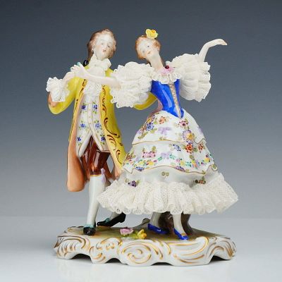 Volkstedt Dresden Lace Porcelain Dancing Couple Figurine. A large polychrome porcelain figurine 