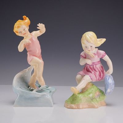 2pc Royal Worcester Porcelain Figurines March and July Modeled by Freda Doughty. A pair of Royal 