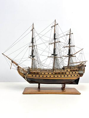 Historic Three Mast Handcrafted Wooden Sailing Ship Model Affixed to Base. This historic three 